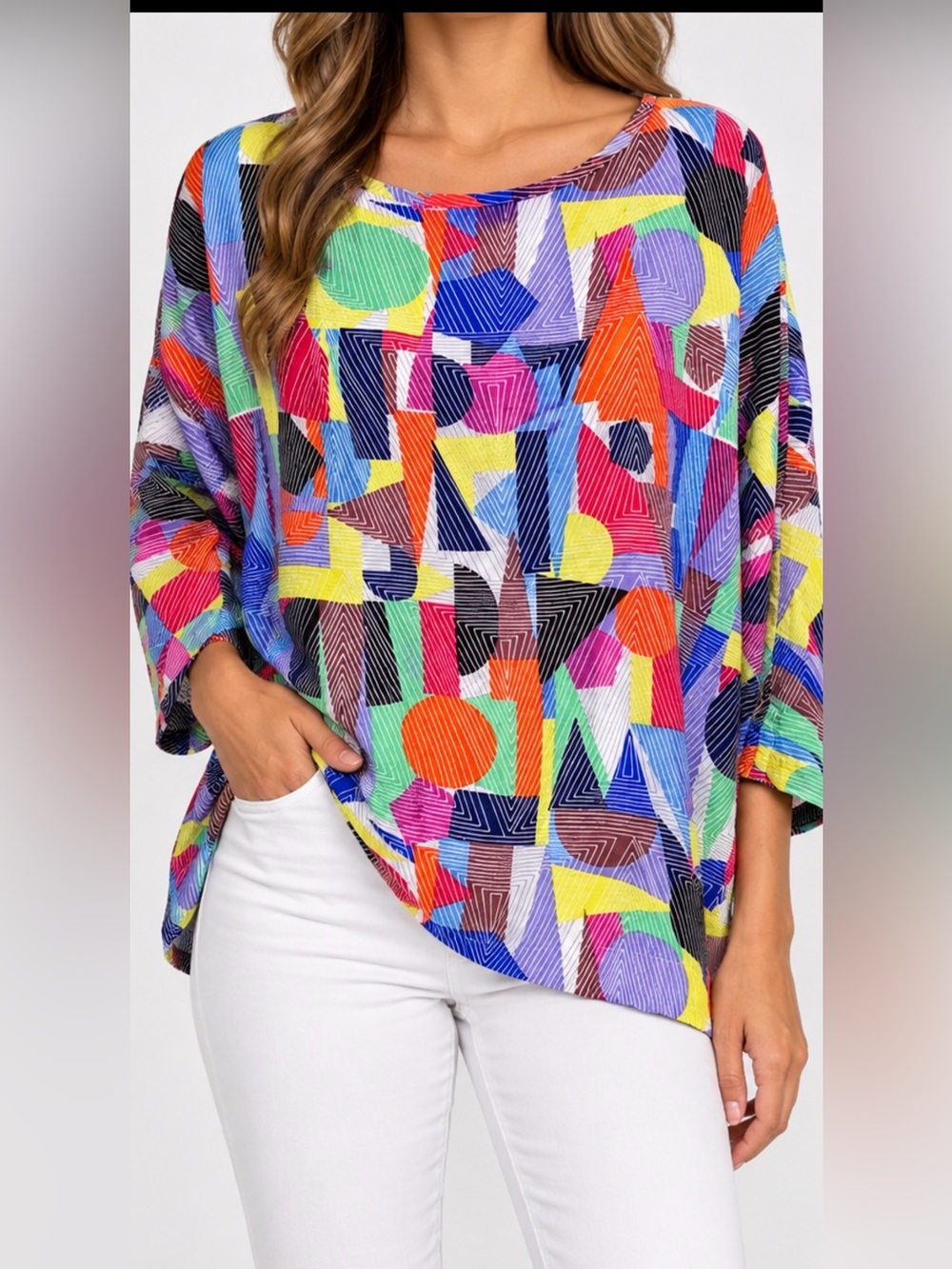 Ali Miles Crinkle Tunic Top Multicolor Geometric Abstract Size M.